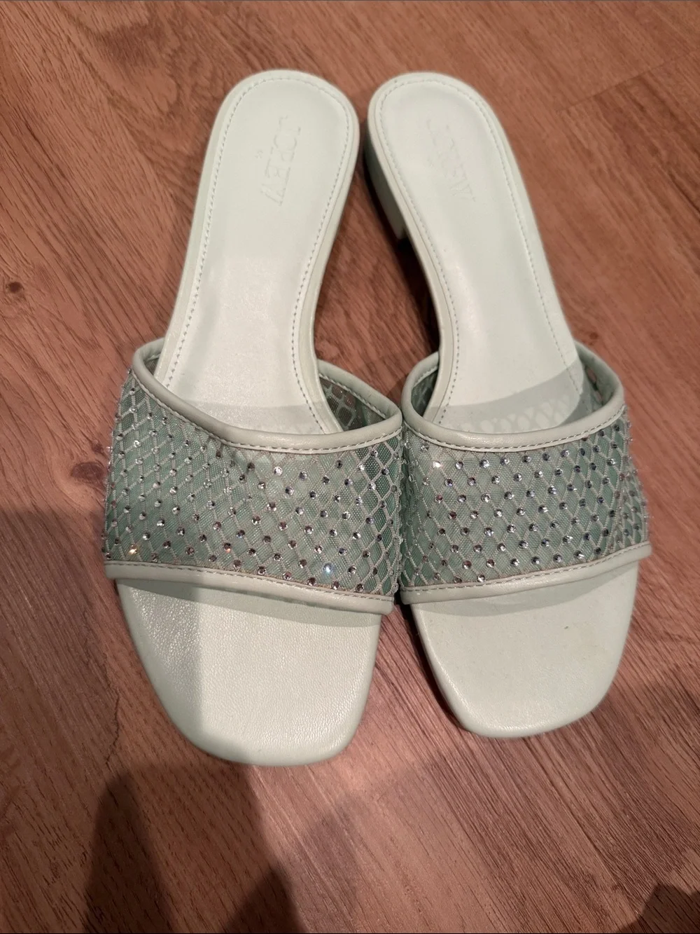 Never Worn JCrew Light Green Slide Sandals with Mesh Rhinestone Strap